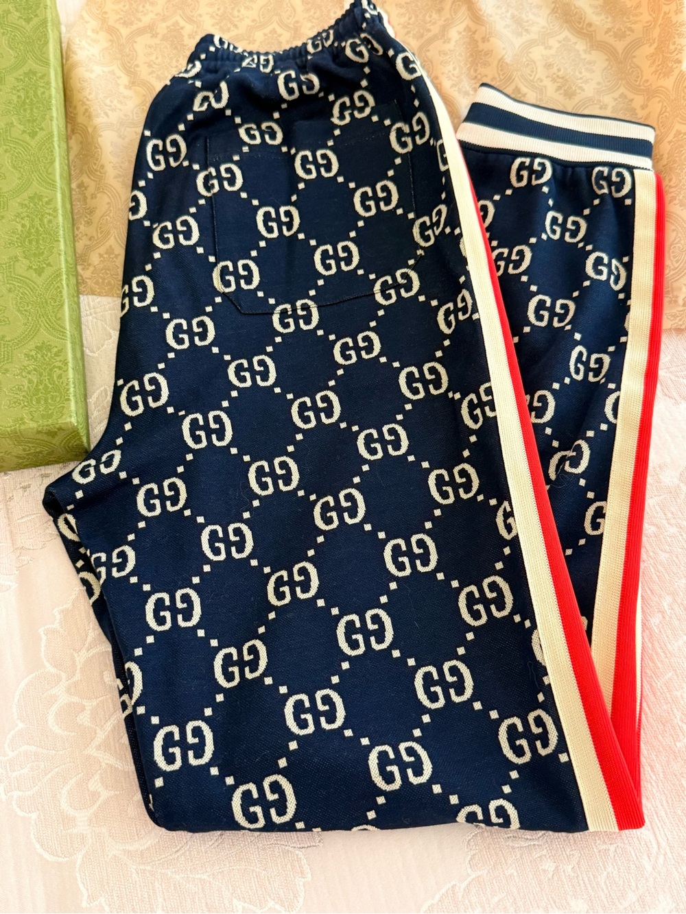Gucci Navy GG Jacquard Track Pants with Red & Ivory Stripes